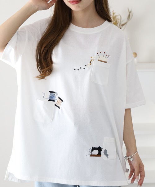 FUNALIVE(ファンアライブ)の「裁縫ネコししゅう多ポケットプルオーバー 半袖(Tシャツ/カットソー・レディース・ライトブルー/オフホワイト/オートミール・L/M)」の1枚目の写真