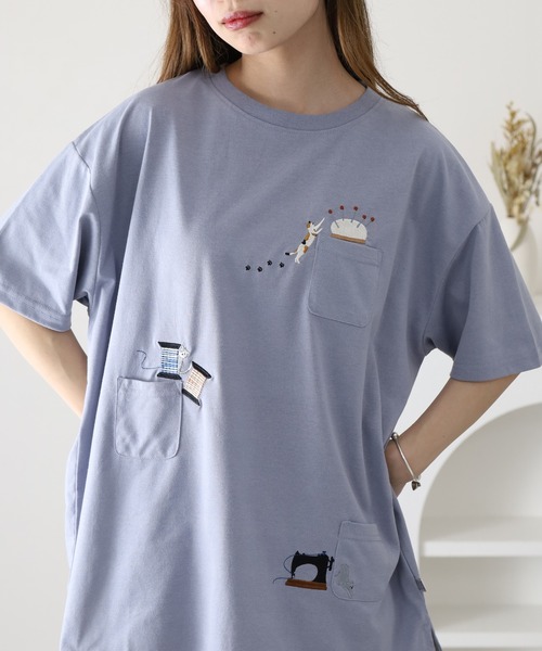 FUNALIVE(ファンアライブ)の「裁縫ネコししゅう多ポケットプルオーバー 半袖(Tシャツ/カットソー・レディース・ライトブルー/オフホワイト/オートミール・L/M)」の3枚目の写真