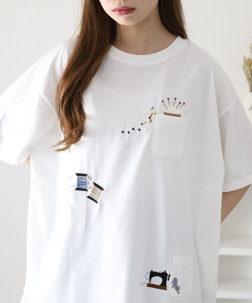 FUNALIVE(ファンアライブ)の「裁縫ネコししゅう多ポケットプルオーバー 半袖(Tシャツ/カットソー・レディース・ライトブルー/オフホワイト/オートミール・L/M)」の4枚目の写真
