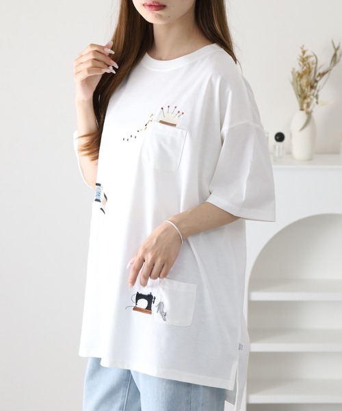 FUNALIVE(ファンアライブ)の「裁縫ネコししゅう多ポケットプルオーバー 半袖(Tシャツ/カットソー・レディース・ライトブルー/オフホワイト/オートミール・L/M)」の5枚目の写真