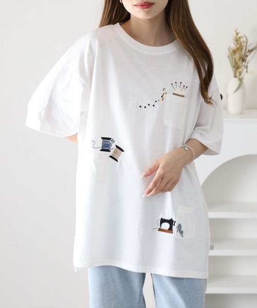 FUNALIVE(ファンアライブ)の「裁縫ネコししゅう多ポケットプルオーバー 半袖(Tシャツ/カットソー・レディース・ライトブルー/オフホワイト/オートミール・L/M)」の6枚目の写真