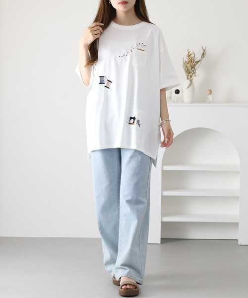 FUNALIVE(ファンアライブ)の「裁縫ネコししゅう多ポケットプルオーバー 半袖(Tシャツ/カットソー・レディース・ライトブルー/オフホワイト/オートミール・L/M)」の9枚目の写真