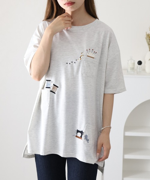 FUNALIVE(ファンアライブ)の「裁縫ネコししゅう多ポケットプルオーバー 半袖(Tシャツ/カットソー・レディース・ライトブルー/オフホワイト/オートミール・L/M)」の14枚目の写真