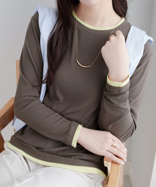 Viola e Viola(ヴィオラエヴィオラ)の「柔らかリブレイヤード風トップス(Tシャツ/カットソー・レディース・カーキブラウン/杢グレー/ブルーパープル/ブラック・M/L/LL)」の20枚目の写真