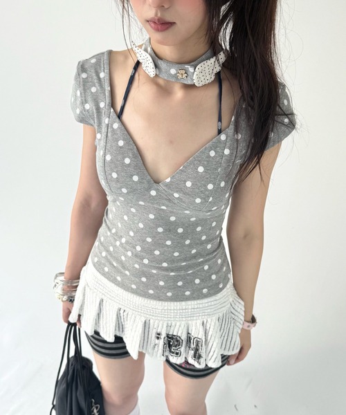 GEMEDA(ジェメダ)の「ドット柄 フロントリボン コンパクト半袖トップス(Tシャツ/カットソー・レディース・グレー/ブラック・M)」の6枚目の写真