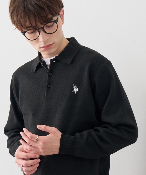 U.S. POLO ASSN.(ユーエスポロアッスン)の「【U.S. POLO ASSN./ユーエスポロアッスン】ワンポイント ダブルホースマン刺繍 スウェットライク ポロ セーター(ニット/セーター・メンズ・ブラック/ネイビー/モカ/杢グレー/アイボリー・LL/M/L)」の2枚目の写真