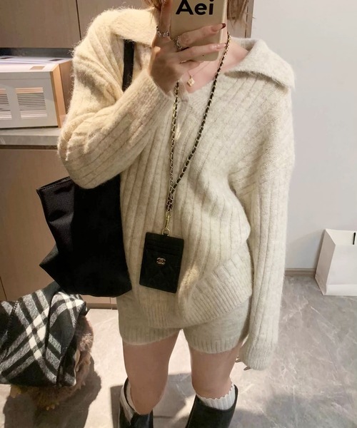 Girly Doll(ガーリードール)の「【セットアップ】起毛スキッパーリブニット&ショートパンツ 2点セット(セットアップ・レディース・ベージュ/ネイビー/グレー/ブラウン・FREE)」の5枚目の写真