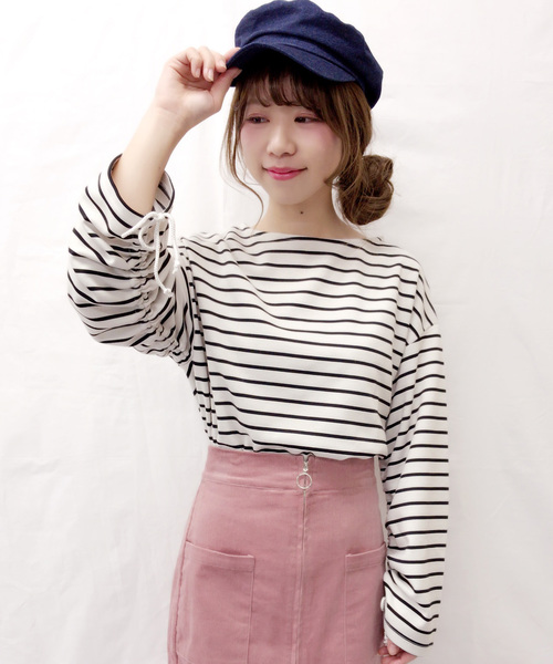 archives（アルシーヴ）の「【Web限定】シャーリングスリーブトップス（Tシャツ/カットソー・レディース・グレー/ホワイト×ブラック/ブラック×ホワイト/ピンク・MEDIUM）」の2枚目の写真