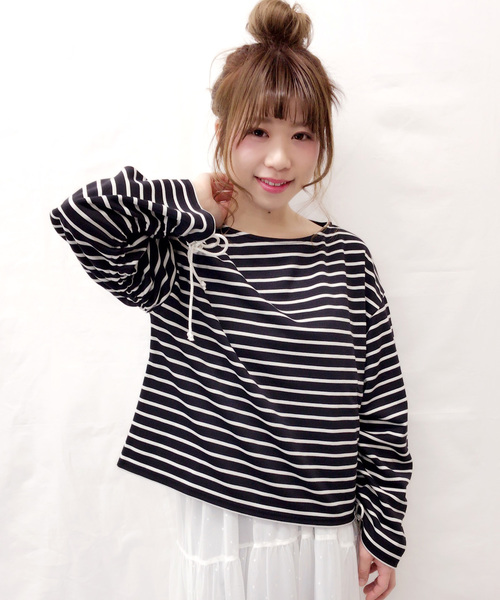 archives（アルシーヴ）の「【Web限定】シャーリングスリーブトップス（Tシャツ/カットソー・レディース・グレー/ホワイト×ブラック/ブラック×ホワイト/ピンク・MEDIUM）」の3枚目の写真