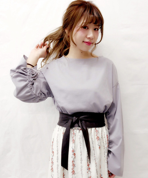 archives（アルシーヴ）の「【Web限定】シャーリングスリーブトップス（Tシャツ/カットソー・レディース・グレー/ホワイト×ブラック/ブラック×ホワイト/ピンク・MEDIUM）」の4枚目の写真