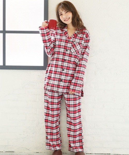 aimerfeel（エメフィール）の「綿100% ネルシャツ パジャマ 長袖 上下セット (男女兼用サイズ)（ルームウェア/パジャマ・レディース・ブラック/ネイビー/レッド/グリーン/ダークブルー/セージグリーン/クリアレッド/ダークネイビー/ボルドー/杢グレー/サックスブルー/バーガンディー/ピンク/ワイン/チャコールグレー/ダークグリーン系/サーモンピンク/ピンクベージュ/グレイッシュブルー/ロイヤルブルー・MEDIUM/LARGE/X-LARGE/SMALL）」の18枚目の写真