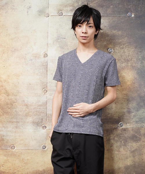 おしゃれスタ(オシャレスタ)の「ランダムテレコストライプVネック半袖カットソー(SS)(Tシャツ/カットソー・メンズ・ホワイト/グレー/ネイビー・M/L)」の3枚目の写真
