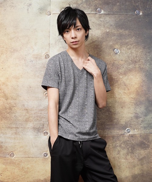 おしゃれスタ(オシャレスタ)の「ランダムテレコストライプVネック半袖カットソー(SS)(Tシャツ/カットソー・メンズ・ホワイト/グレー/ネイビー・M/L)」の2枚目の写真