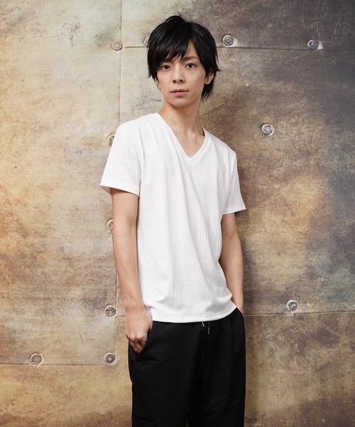 おしゃれスタ(オシャレスタ)の「ランダムテレコストライプVネック半袖カットソー(SS)(Tシャツ/カットソー・メンズ・ホワイト/グレー/ネイビー・M/L)」の1枚目の写真
