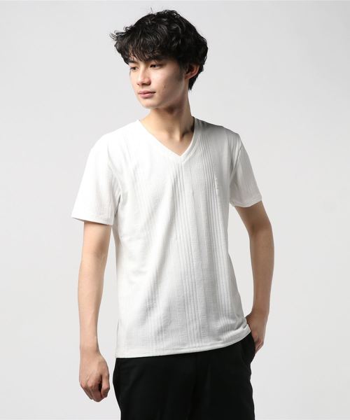 おしゃれスタ(オシャレスタ)の「ランダムテレコストライプVネック半袖カットソー(SS)(Tシャツ/カットソー・メンズ・ホワイト/グレー/ネイビー・M/L)」の6枚目の写真