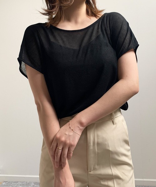 shopnikoniko(ショップニコニコ)の「キャミソール付き フレンチスリーブ シアートップス(Tシャツ/カットソー・レディース・ブラック/ベージュ/オリーブ/アイボリー・フリー)」の4枚目の写真