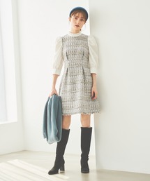 異素材スリーブツイードワンピース