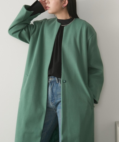 セール】ノーカラーメルトンロングコート（ノーカラーコート）｜Aunt