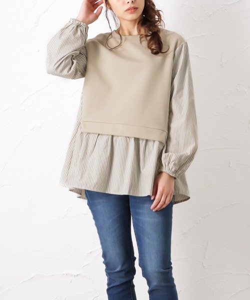 NAVY（ネイビー）の「ポンチ素材 異素材ドッキングプルオーバー（スウェット・レディース・ブラック/ベージュ/グレー・フリー）」の3枚目の写真