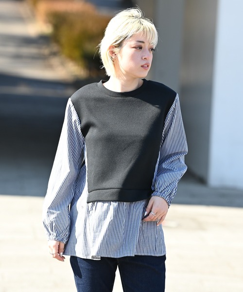 NAVY（ネイビー）の「ポンチ素材 異素材ドッキングプルオーバー（スウェット・レディース・ブラック/ベージュ/グレー・フリー）」の2枚目の写真