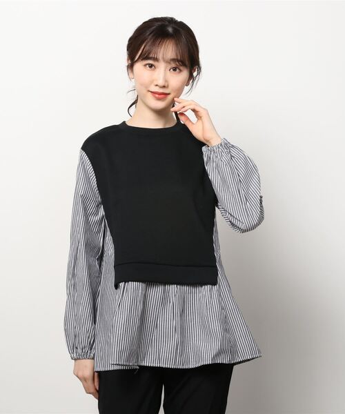 NAVY（ネイビー）の「ポンチ素材 異素材ドッキングプルオーバー（スウェット・レディース・ブラック/ベージュ/グレー・フリー）」の15枚目の写真