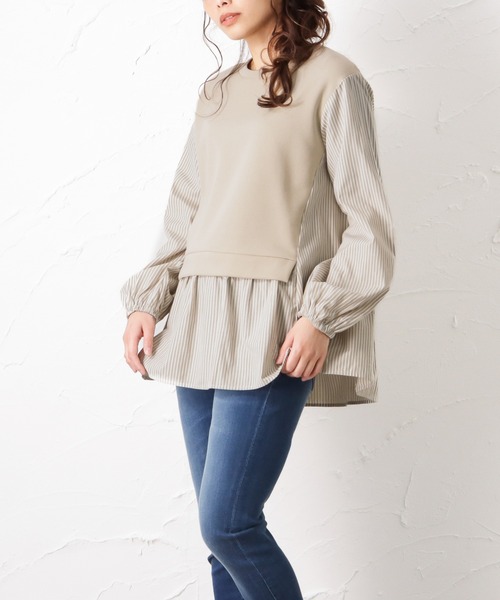 NAVY（ネイビー）の「ポンチ素材 異素材ドッキングプルオーバー（スウェット・レディース・ブラック/ベージュ/グレー・フリー）」の10枚目の写真