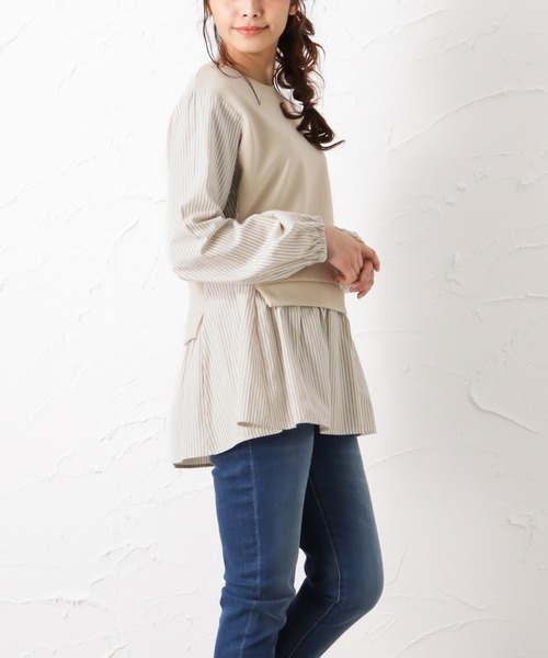 NAVY（ネイビー）の「ポンチ素材 異素材ドッキングプルオーバー（スウェット・レディース・ブラック/ベージュ/グレー・フリー）」の14枚目の写真