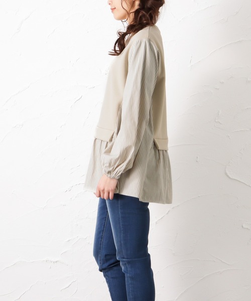 NAVY（ネイビー）の「ポンチ素材 異素材ドッキングプルオーバー（スウェット・レディース・ブラック/ベージュ/グレー・フリー）」の7枚目の写真