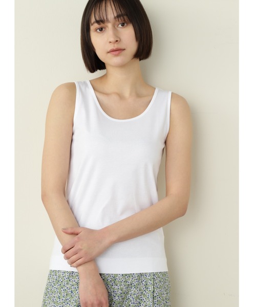 human woman(ヒューマンウーマン)の「オーガニックコットンスムースタンクトップ(Tシャツ/カットソー・レディース・ホワイト/グレー・MEDIUM)」の1枚目の写真