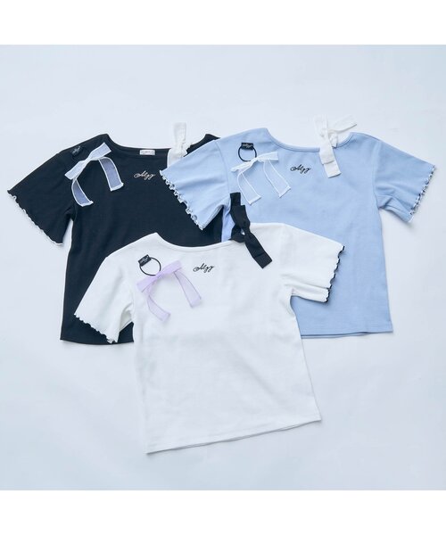 algy(アルジー)の「りぼんヘアゴム付きワンショルT(Tシャツ/カットソー・キッズ・サックスブルー/オフホワイト/ブラック・XX-SMALL/X-SMALL/SMALL/MEDIUM)」の4枚目の写真
