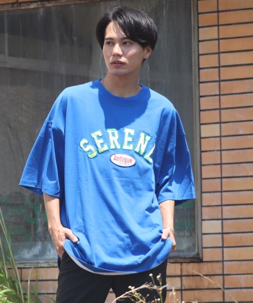 Bling Leads（ブリングリーズ）の「■Bling leads■ワッペンオーバーサイズTシャツ（Tシャツ/カットソー・メンズ・ダークグリーン/スミクロ/グレイッシュブルー/ホワイト系1/ホワイト系2/ブルー系1/ブルー系2・LARGE/MEDIUM）」の22枚目の写真