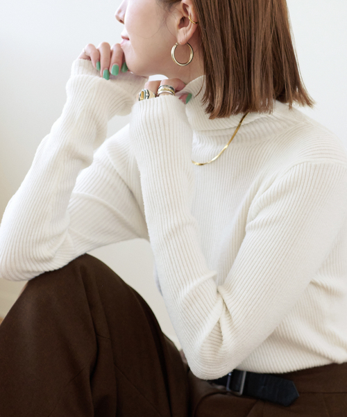 B.C STOCK（ベーセーストック）の「タートルリブニット*（ニット/セーター・レディース・ホワイト/ブラック/グレー/オレンジ/グリーン/キャメル・FREE）」の13枚目の写真