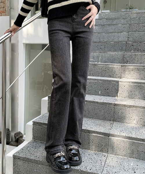 レディース バックゴム入りハイウエストストレートデニムパンツ