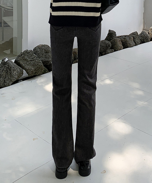 レディース バックゴム入りハイウエストストレートデニムパンツ