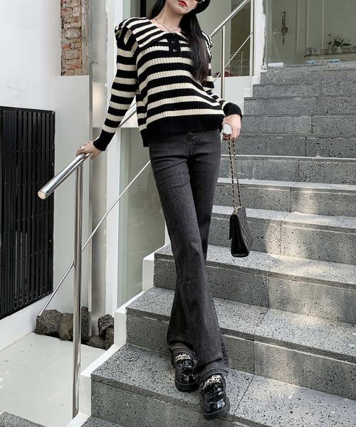 レディース バックゴム入りハイウエストストレートデニムパンツ