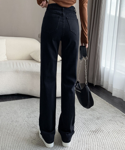 レディース バックゴム入りハイウエストストレートデニムパンツ