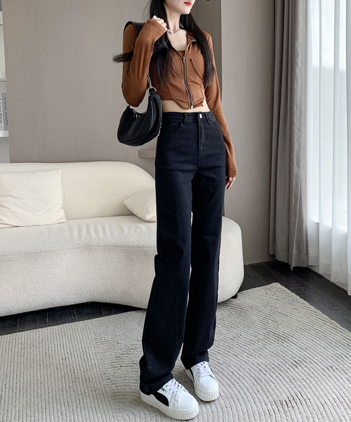 最新情報 レディース バックゴム入りハイウエストストレートデニムパンツ パンツ