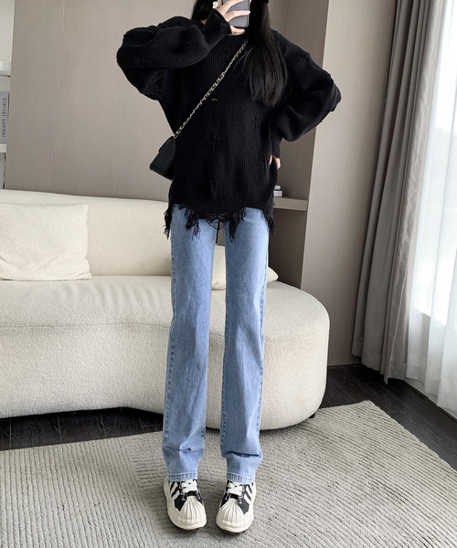 レディース バックゴム入りハイウエストストレートデニムパンツ