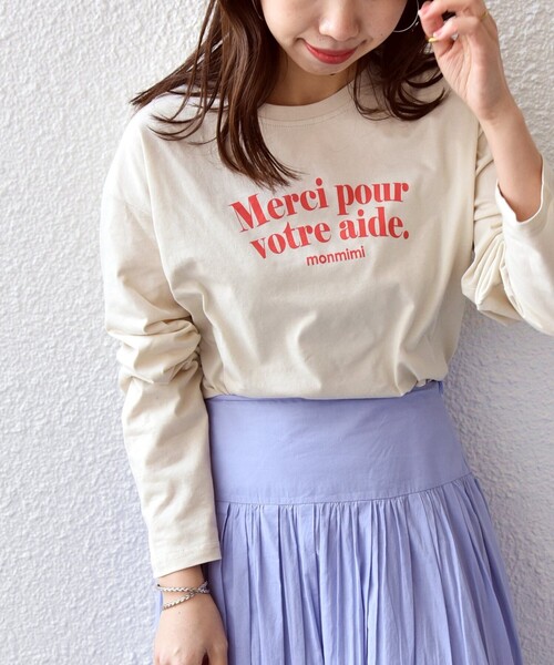 monmimi(モンミミ)の「【SHIPS any別注】MONMIMI:〈洗濯機可能〉 ロゴ プリント ロング TEE 23SS(Tシャツ/カットソー・レディース・ホワイト/ピンク/ベージュ・ONE SIZE)」の1枚目の写真