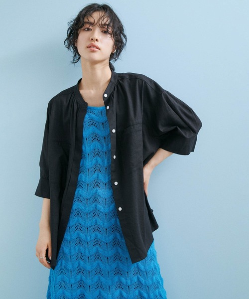 ADAM ET ROPE'(アダムエロペ)の「【WEB限定】リネンステッチワークシャツ(シャツ/ブラウス・レディース・ブラック/ホワイト/ベージュ/ピンク・FREE)」の3枚目の写真