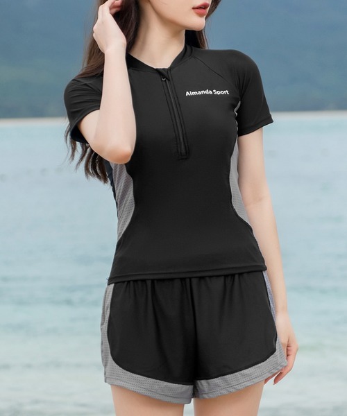 レディース水着体型カバー 半袖メッシュラッシュガード+ショートパンツ+キャップ 3点セット（水着）｜TeddyShop（テディショップ）