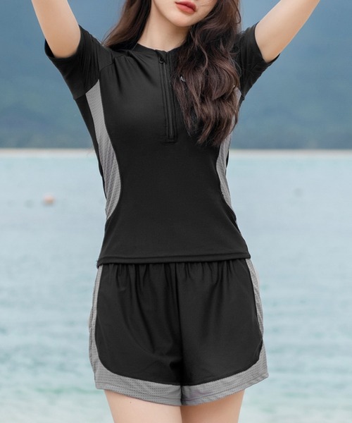 レディース水着体型カバー 半袖メッシュラッシュガード+ショートパンツ+キャップ 3点セット（水着）｜TeddyShop（テディショップ）