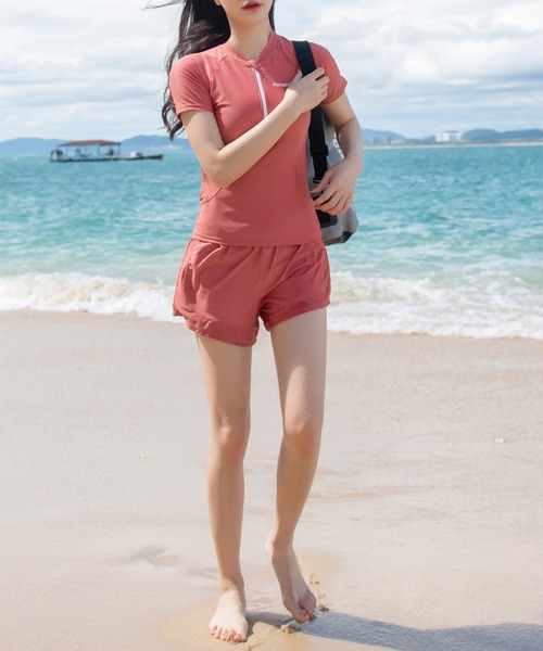 レディース水着体型カバー 半袖メッシュラッシュガード+ショートパンツ+キャップ 3点セット（水着）｜TeddyShop（テディショップ）