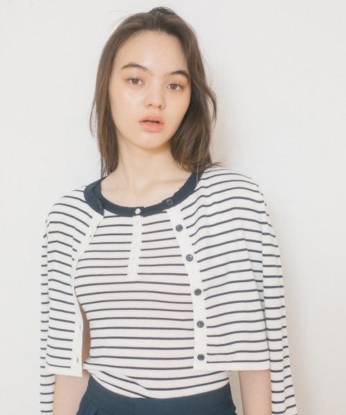 TINA：JOJUN（ティーナジョジュン）の「オーガニックコットン ボーダーカーディガン TINA：JOJUN（カーディガン/ボレロ・レディース・ベビーピンク/ホワイト×ネイビー/チェリーピンク・M）」の4枚目の写真