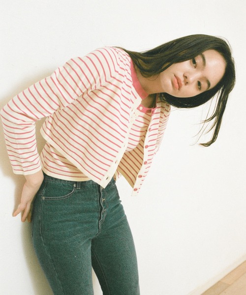 TINA：JOJUN（ティーナジョジュン）の「オーガニックコットン ボーダーカーディガン TINA：JOJUN（カーディガン/ボレロ・レディース・ベビーピンク/ホワイト×ネイビー/チェリーピンク・M）」の15枚目の写真