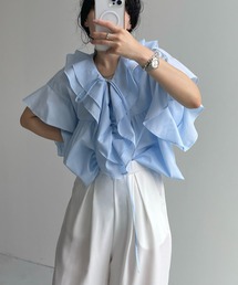 big collar frill half blouse / 付け襟風ビッグカラーフリルハーフブラウス