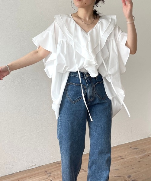 big collar frill blouse / brown （ビッグカラーフリルブラウス