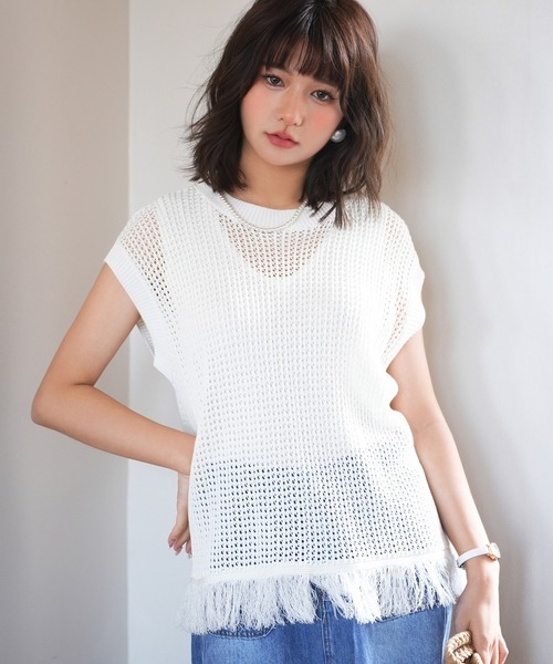 SAISON DE PAPILLON（セゾンドパピヨン）の「透かし編みフリンジデザインサマーニット（ニット/セーター・レディース・ホワイト/ベージュ/カーキ/ブラック・フリー）」の7枚目の写真