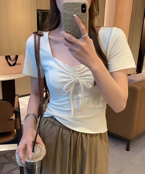 NANEA(ナネア)の「フロントシャーリング スクエアネックTシャツ(Tシャツ/カットソー・レディース・ブラウン/ピンク/キナリ・SMALL/MEDIUM)」の10枚目の写真