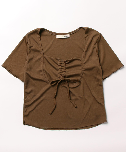 NANEA(ナネア)の「フロントシャーリング スクエアネックTシャツ(Tシャツ/カットソー・レディース・ブラウン/ピンク/キナリ・SMALL/MEDIUM)」の6枚目の写真